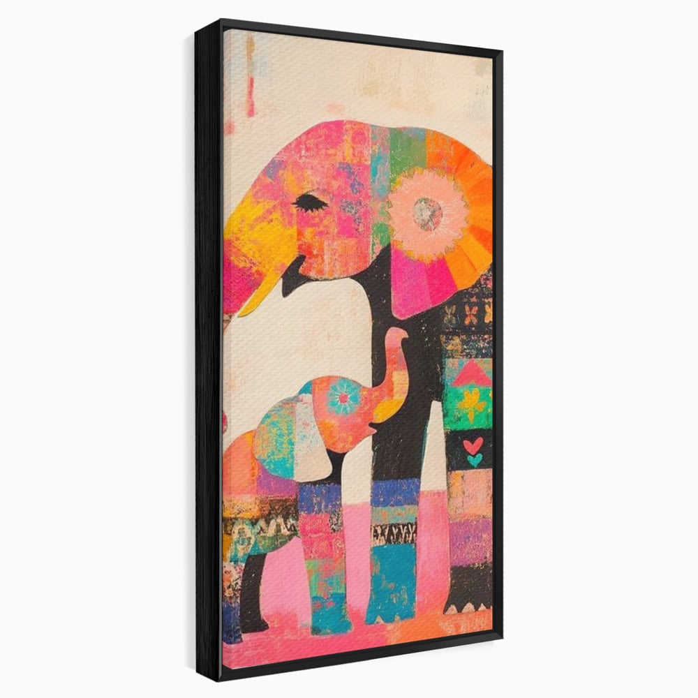 Tablou canvas cu tablou pictura cu elefanti colorati, in rama de aluminiu negru